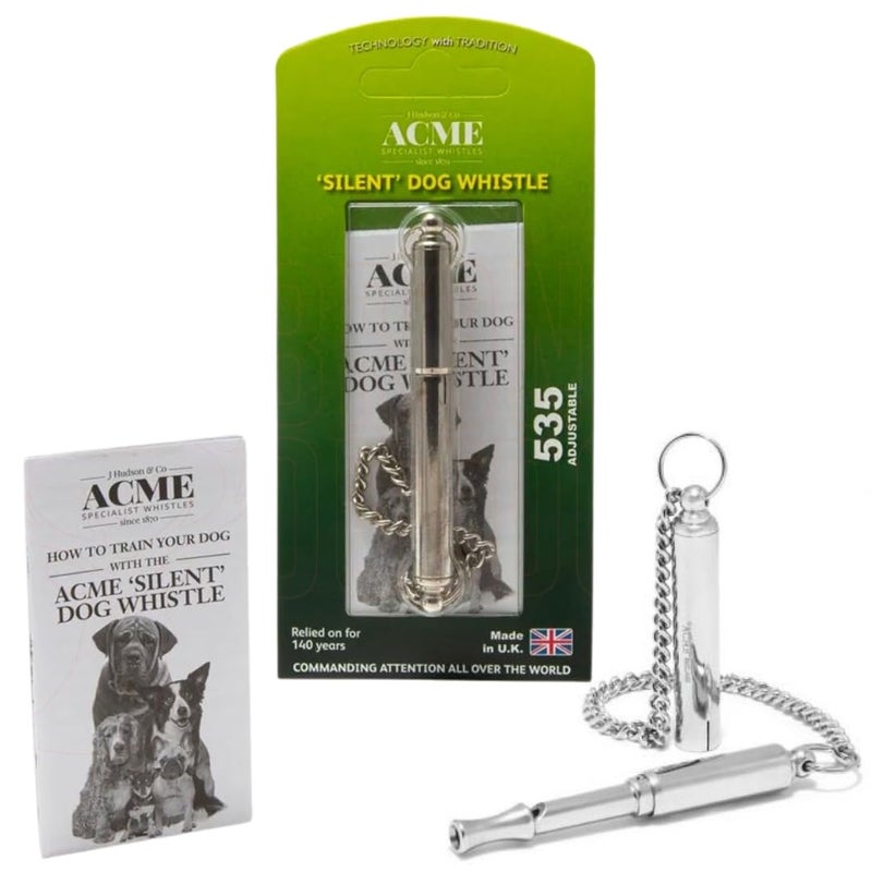 ACME original 'silent' dog training whistle no. 535. Adjustable frequency. Instruction leaflet included. Made in the UK. Good sound quality. Weather-proof. Solid brass with nickel plated finish - Image 1
